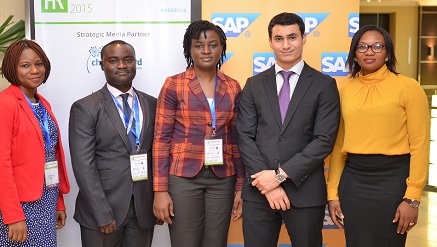 (L-r): Providence Mayowa Rotimi, marketing representative, Oluseyi Akinyoyenu, head, Line of Business & Cloud, Tanmo Imobekhai, human capital management solution expert, all of SAP West Africa, Faariss Khalil, sponsorship manager, Informa and Juliet Omorodion, marketing manager, SAP West Africa during the 2015 HR Leaders in Africa Forum which held in Lagos recently.